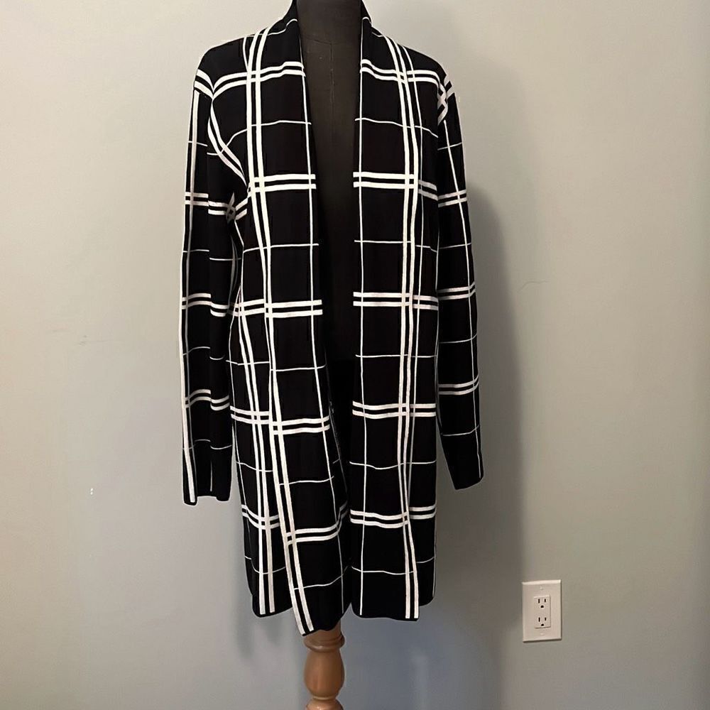 Premise Studio Women's Black White Plaid Open Front Knitted Cardigan Size XL - Picture 6 of 8